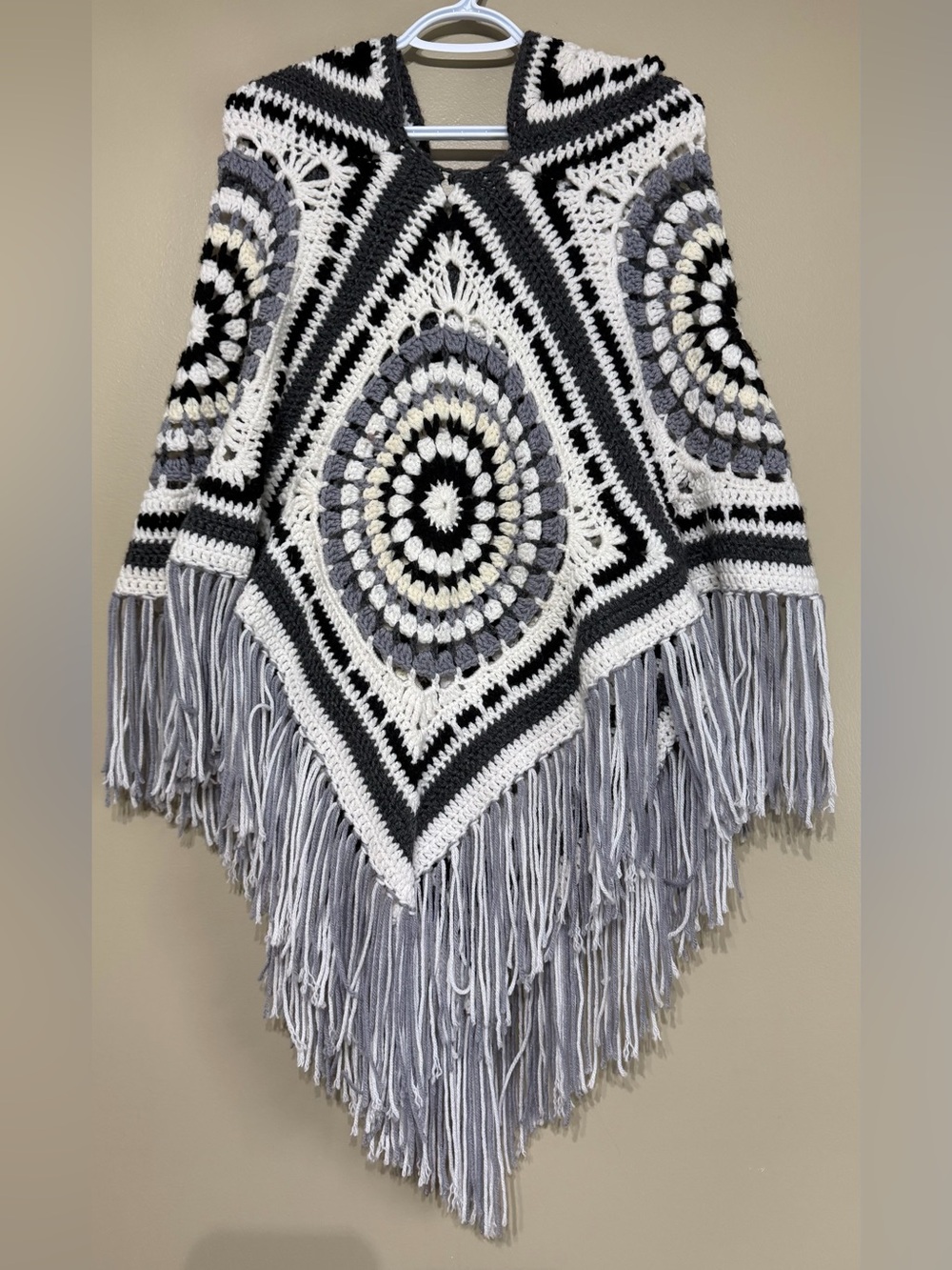 Handmade Granny Square Chunky Knit Fringe Hooded Cottagecore Elfin Poncho